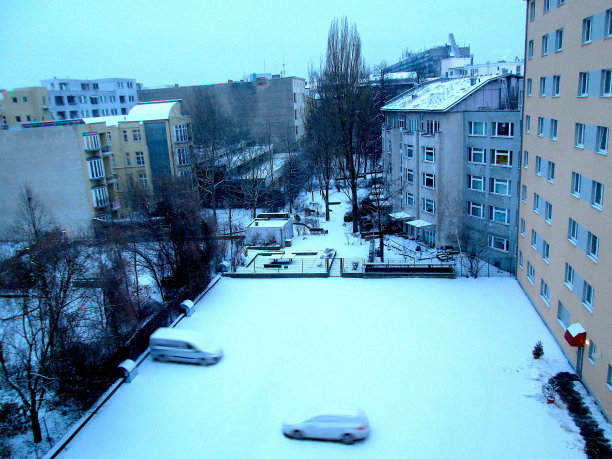 柏林冬季白雪庭院公寓建筑与光秃秃的树木图片下载