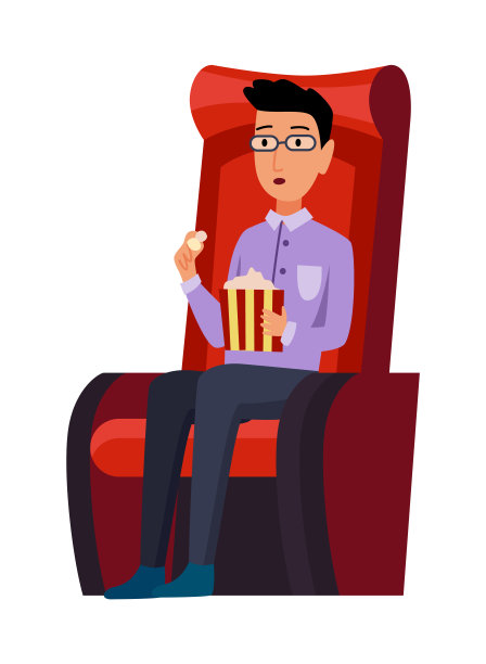 电影院。男人坐在电影院礼堂的椅子上，拿着爆米花盒子。看电影或电影的年轻男性。查看器或常看电影的人。平面卡通矢量插图图片下载