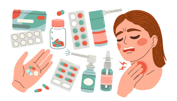 女孩喉咙痛，颈部疼痛发炎。一名妇女紧抓着自己的喉咙喷着药物图片下载