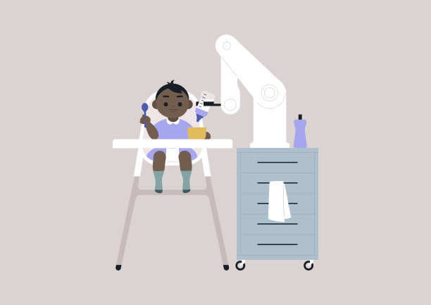 拿着奶瓶的机械手臂，替代母乳喂养，新技术，幼儿坐在厨房高脚椅上，现代午餐概念图片下载