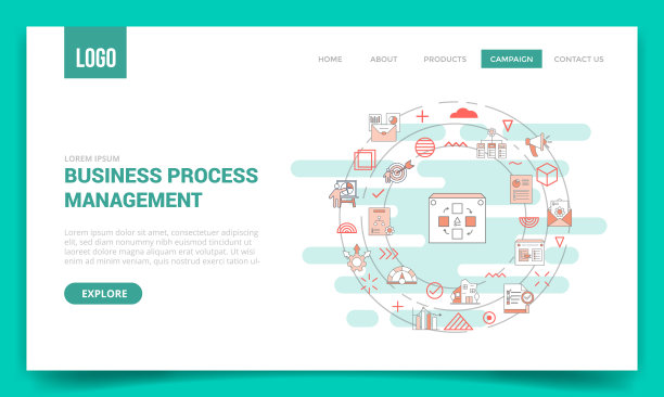 BPM业务流程管理概念，圆形图标为网站模板或登陆页面首页图片下载