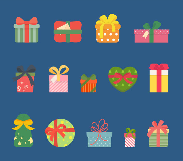 14个彩色礼盒，条纹，波点，图案，印刷，美丽的丝带，圣诞礼物，生日礼物，婚礼礼物，庆祝生日或婚礼的矢量卡通风格图片下载