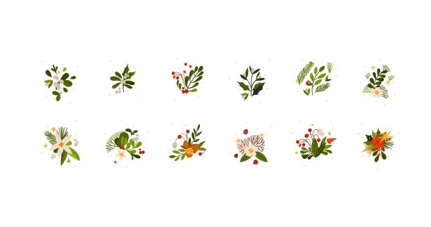 手绘矢量抽象图形圣诞快乐和新年快乐剪纸插图贺卡与鲜花和树叶。圣诞快乐可爱的花卉设计背景。寒假的艺术。图片下载