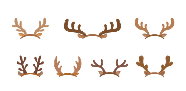 7个不同的鹿角，麋鹿或驯鹿的鹿角，圣诞元素，矢量卡通风格，符号图标插图图片下载