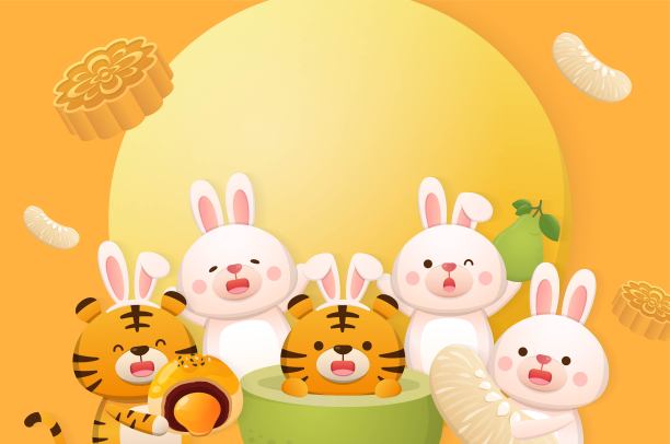 可爱的老虎和兔子庆祝中国的传统节日:中秋节，柚子月饼和月亮图片下载