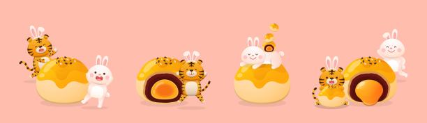 一套有可爱的兔子、老虎和月饼的中秋元素图片下载