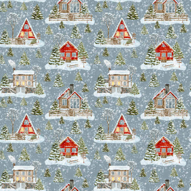 水彩圣诞夜无缝图案与冬季房屋。手绘的雪木小屋，飘落的雪，栅栏和冷杉树在灰色的蓝色背景。舒适的乡村设计为包装。图片下载