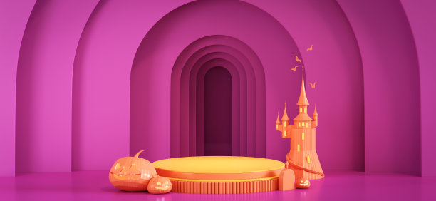 万圣节南瓜和城堡与基座产品展示背景3d渲染图片下载