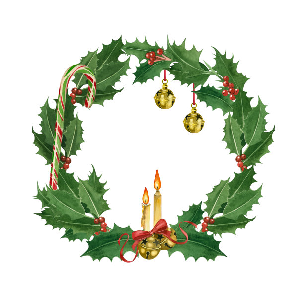 圣诞用冬青用水彩画在白色背景上制成的圆花环。打印。图片下载