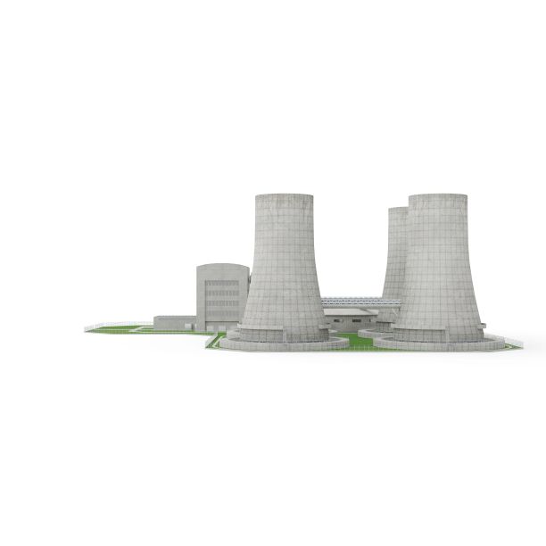 计算机生成的三维真实的核电站隔离在垂直的白色背景。图片下载