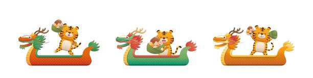 龙舟节的元素在3个形状的龙船和老虎吉祥物人物图片下载