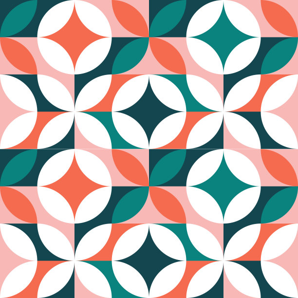 几何抽象背景集合。矢量彩色插图。现代圆形和树叶形状的背景纹理。白色，红色，粉色和绿色。设计包装纸用纺织品。图片下载