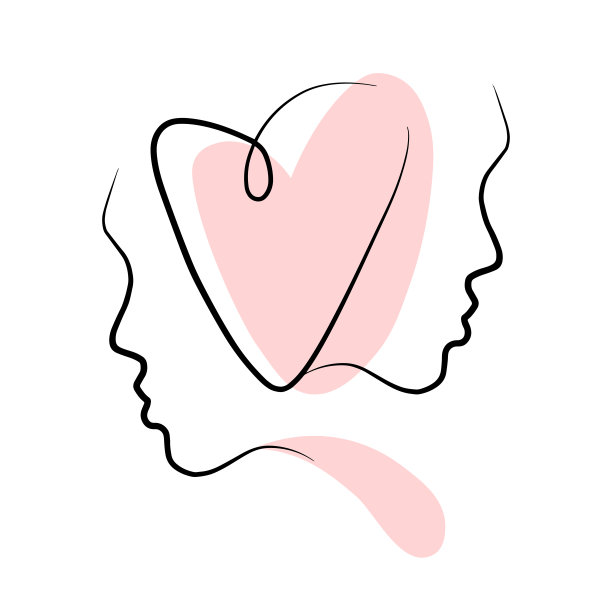 爱的概念，书写面孔肖像的夫妇孤立在白色的背景。简单轮廓t恤打印模板。情人节庆祝卡片。心形单线艺术风格海报。图片下载