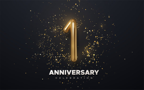 第一个周年庆典。金色数字1与闪闪发光的五彩纸屑颗粒隔离在黑色背景。图片下载