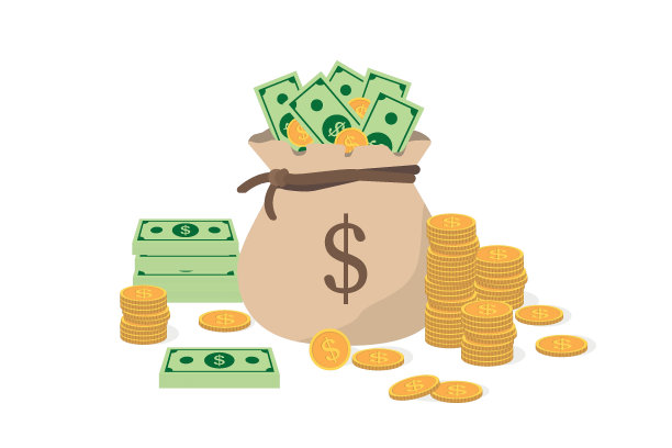 钱。钱袋扁平风格。现金和金币。美元纸币。成堆的钱，绿色的美元现金和金币。物体被隔离在白色背景上图片下载