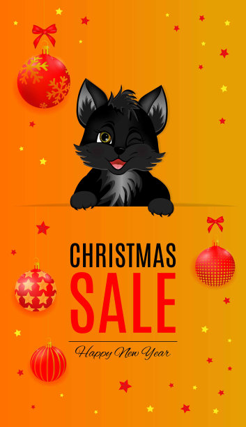 销售横幅与黑猫，圣诞球和蝴蝶结在橙色和红色的颜色。图片下载