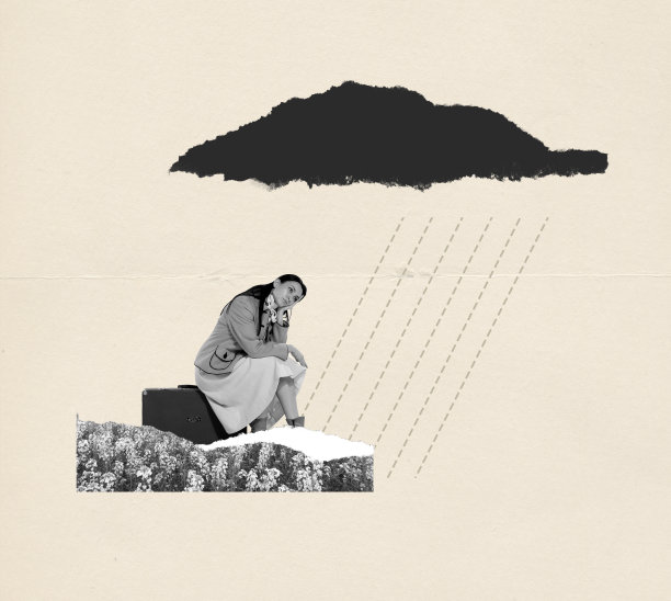 当代艺术拼贴。概念上的形象。年轻女子坐在行李箱下雨，感到悲伤图片下载