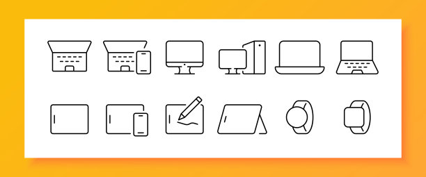 设备设置图标。笔记本电脑，手机，平板电脑，手写笔，电脑，显示器，台式机，个人电脑，智能手环，支架，手表，电子书。技术的概念。矢量线图标的业务图片下载