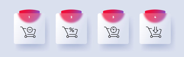 Shoppig购物车与网站按钮设置图标。箭头，减，百分比，时钟，添加，购买，购买，折扣，低价，便宜。销售的概念。Glassmorphism。矢量线图标的业务和广告。图片下载