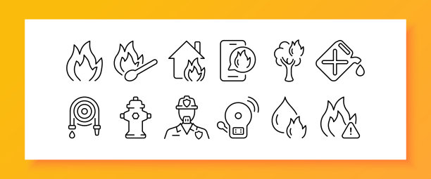 火设置图标。工人，消防员，消防车，消防队，安全系统，火花，点火，水，灭火。紧急状态的概念。矢量线图标的业务和广告图片下载