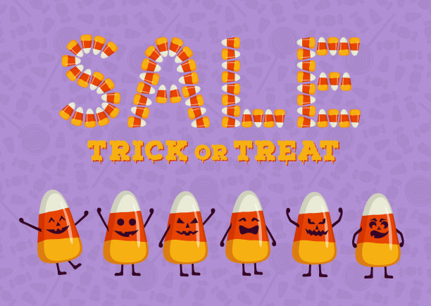 万圣节快乐大甩卖排版海报。节日广告刻字。玉米糖文本效果。不给糖就捣蛋的背景图片下载