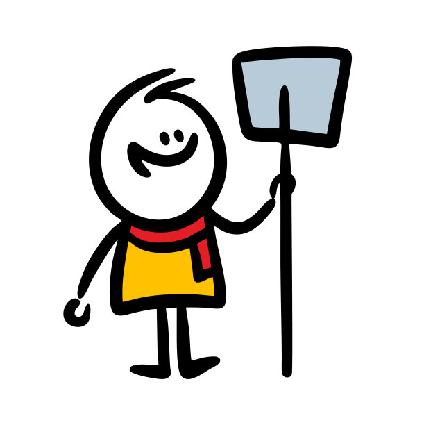 涂鸦卡通人物，身穿冬装，手持铲子。图片下载