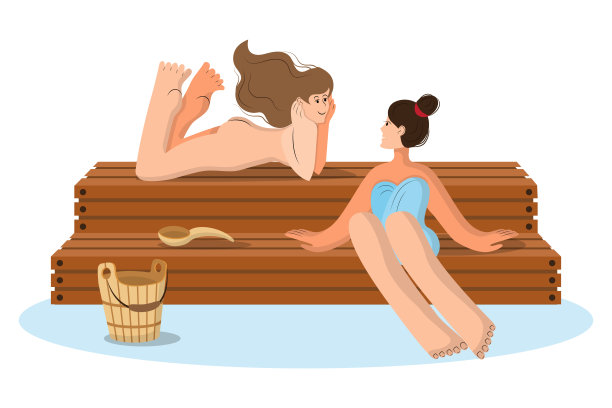 两个年轻的女人，女孩在温泉桑拿放松。孤立的卡通插图在白色背景图片下载