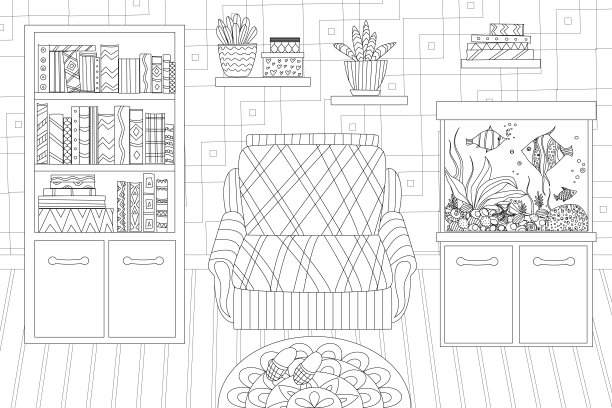 舒适的房间里有花盆和书架上的一堆书，一个柜子上有鱼和海藻的水族馆，一个书柜和扶手椅，墙纸上有你的涂色书图片下载