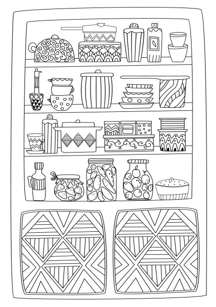 橱柜里有餐具和甜食供你涂色用图片下载