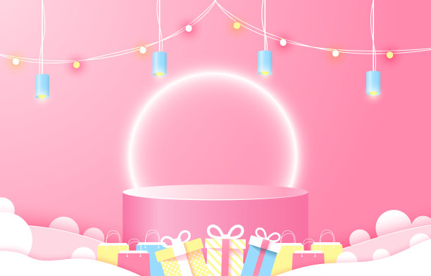 放置产品的平台。促销，快乐，购物袋，礼品盒。剪裁和工艺风格。图片下载