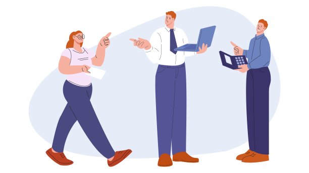 人们互相指指点点。会计字，业务经理用文件和计算机。办公人员、管理团队矢量人物图片下载