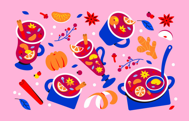 一套热饮热葡萄酒，桑格利亚汽酒，潘趣酒，烈酒。玻璃杯，马克杯和一壶热红酒和水果图片下载