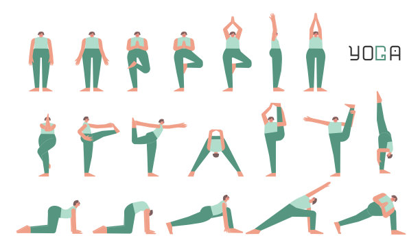 矢量孤立的插图集合与做瑜伽的女性角色。欧洲女子学习站立姿势。一套基本的运动平衡练习图片下载