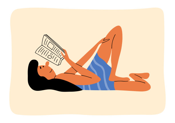 休闲活动，放松矢量插图与有趣的卡通女性人物躺着阅读书籍或杂志图片下载