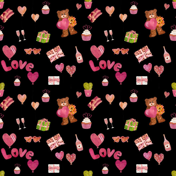 一个可爱的情人节小熊无缝黑色图案图片下载
