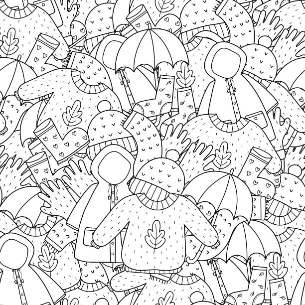 舒适的秋装无缝图案。涂鸦温暖的衣服着色页图片下载