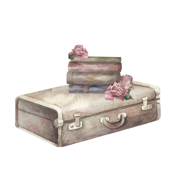 手提箱，鞋子，花，书。图片下载