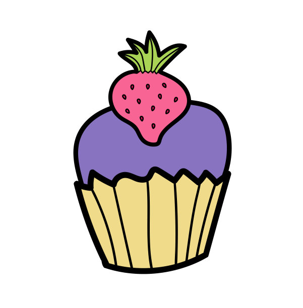 美味的松饼与草莓涂鸦矢量插图孤立在白色背景。可爱的卡通风格的纸杯蛋糕矢量图标，甜蜜美味的烘焙甜点，糖美味的蛋糕糕点。图片下载