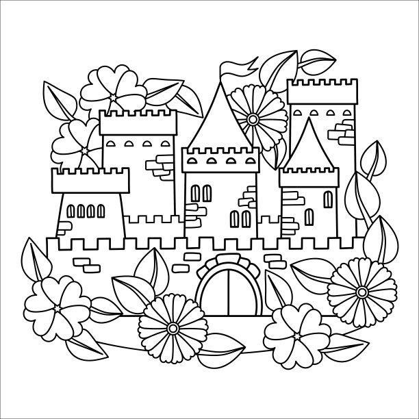 彩色书页面。童话城堡，花城。图片下载