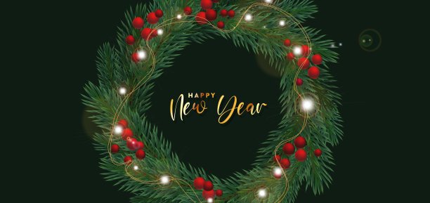 矢量插图美丽的圣诞花环与新年快乐的文字。寒假，雪花，圣诞老人，新年，圣诞老人，钟声，圣诞树。庆祝的概念图片下载