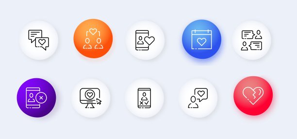 约会应用程序设置图标。网站，会议，心，感觉，爱，喜欢按钮，光标，手指，语音泡泡，情侣。距离关系的概念。新生变形样式。矢量线图标的业务图片下载
