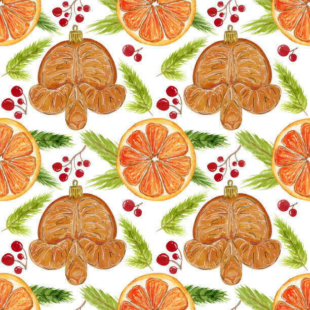 无缝水彩图案，彩色圣诞元素在白色背景。玩具橘子，橘片，冷杉和鲜红的浆果。图片下载