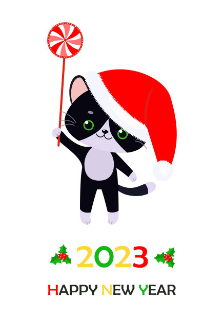 可爱的黑猫戴着圣诞帽，拿着圣诞糖果图片下载