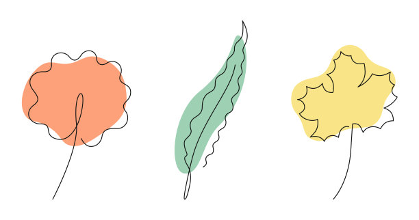 一行行艺术风格的秋叶与五颜六色的抽象形状。枫树，柳树和白杨树。图片下载