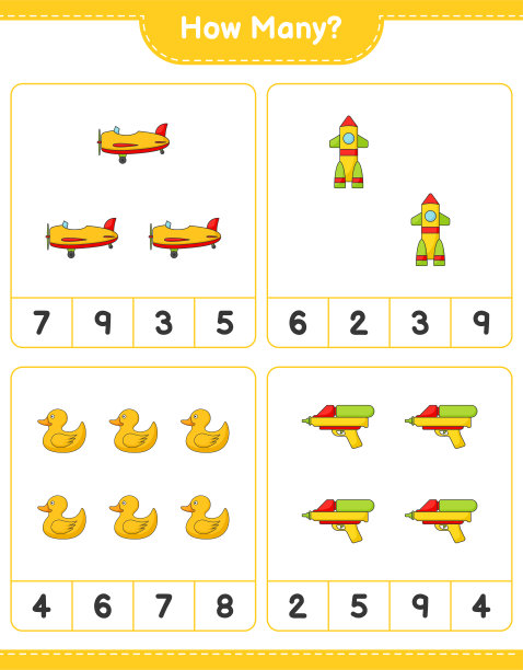 数数游戏，有多少飞机，火箭，橡皮鸭和水枪。教育儿童游戏，可打印的工作表，矢量插图图片下载