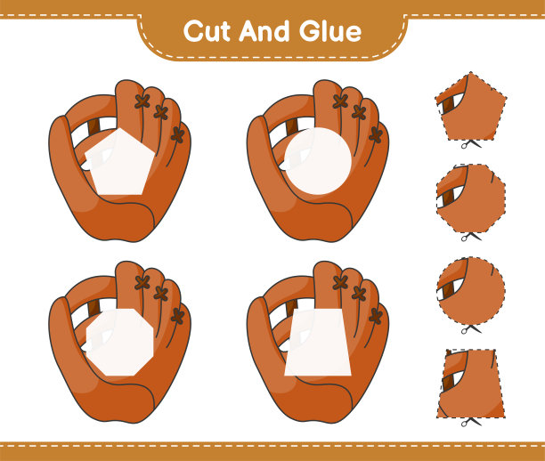 切割和胶水，切割部分棒球手套和胶水他们。教育儿童游戏，可打印的工作表，矢量插图图片下载