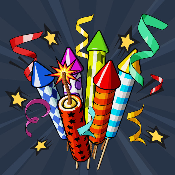 大量的拉炮和火箭的烟花和掉落的五彩纸屑。圣诞节，新年和独立日庆祝概念。矢量插图在黑暗辐射背景图片下载