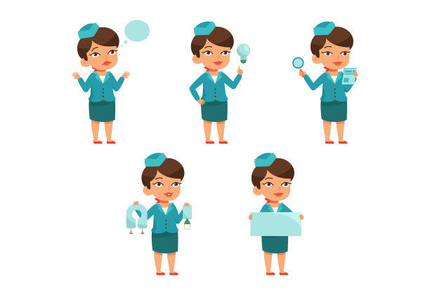 一组卡通空姐有疑问，有想法，拿着指令，救生衣和防毒面具，横幅图片下载