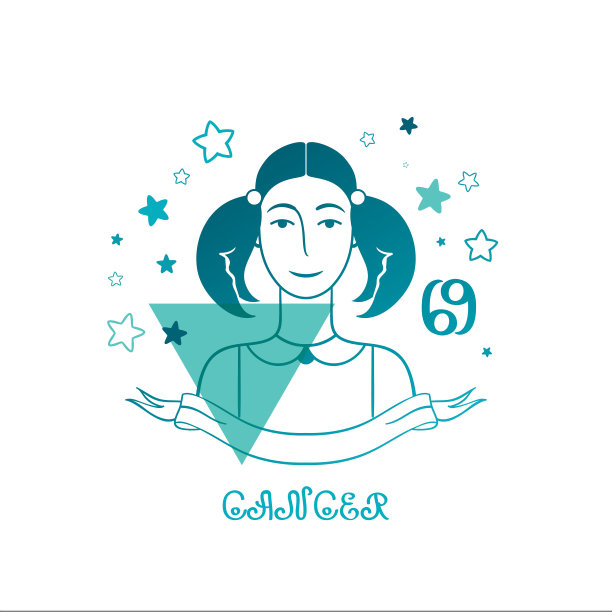 巨蟹座的星座涂鸦风格。可爱的女孩与星星的背景和水的象征图片下载