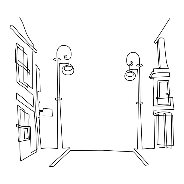 城市景观。古老的建筑。街道景观，低矮的房屋和古老的路灯。连续的线条画。矢量插图。图片下载